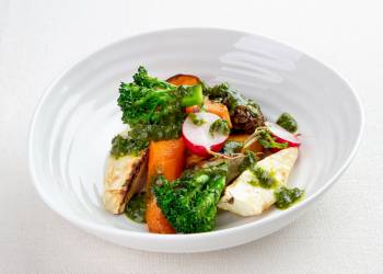 Baked root vegetables with parsley pesto sauce