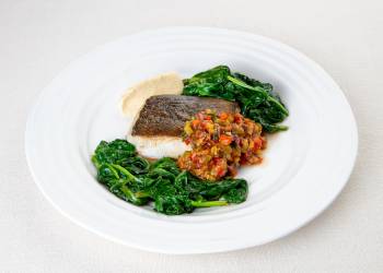Murmansk cod with spinach and tomato and olive relish