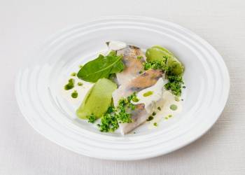 Steamed pike perch with green pea puree and creamy sauce