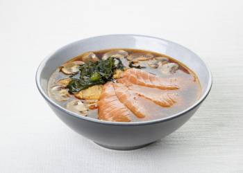 Miso soup with kimchi and salmon