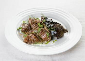 Stewed lamb with baked eggplant and mustard seeds